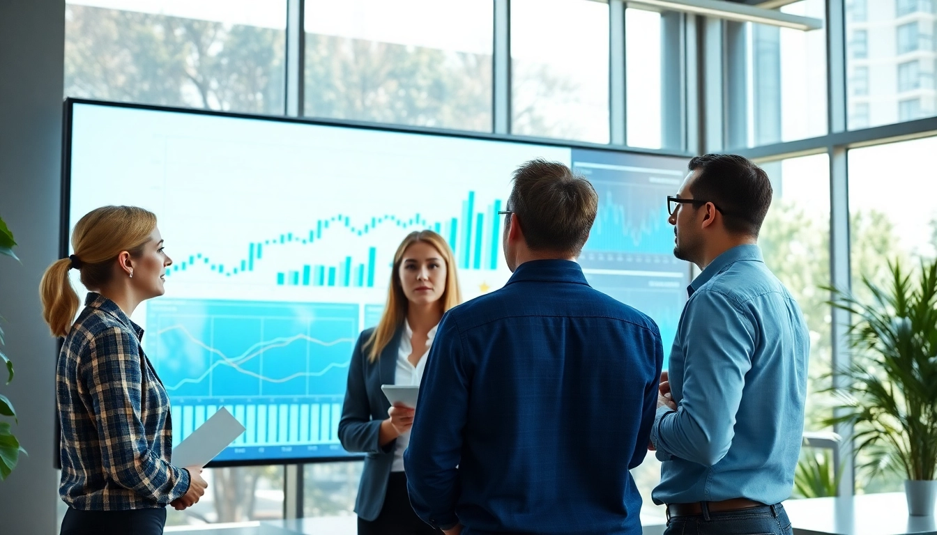 Data analysts collaborating on demand forecasting strategies in a modern office setting.
