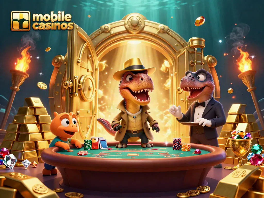 Experience thrilling mobile casinos with 3D characters engaging in intense gaming action and vibrant gold treasures.