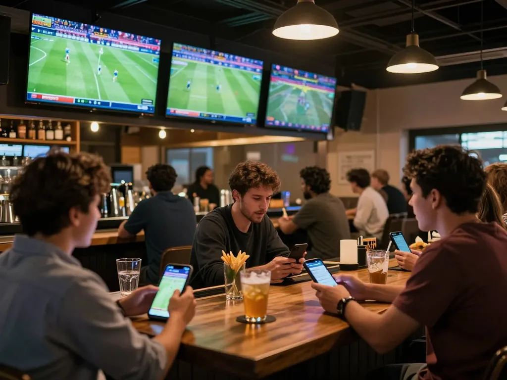 Soi kèo strategies displayed as patrons casually engage with sports betting apps in a lively bar atmosphere.