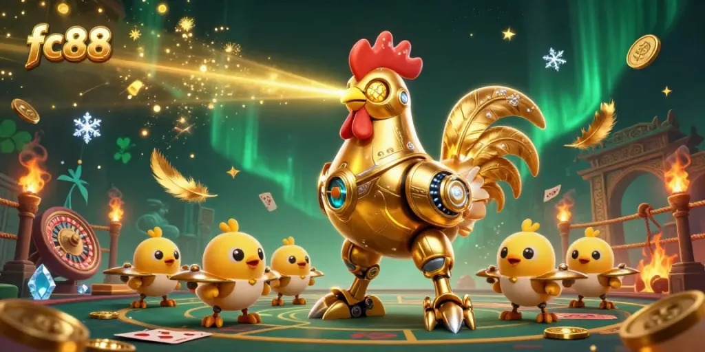 Experience thrilling gameplay at fc88 with the golden rooster robot and chick drones in a dynamic casino scene.