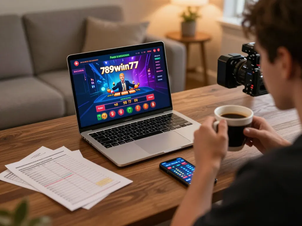 Player engaging with 789win77 casino app on a laptop, showcasing online gaming excitement.