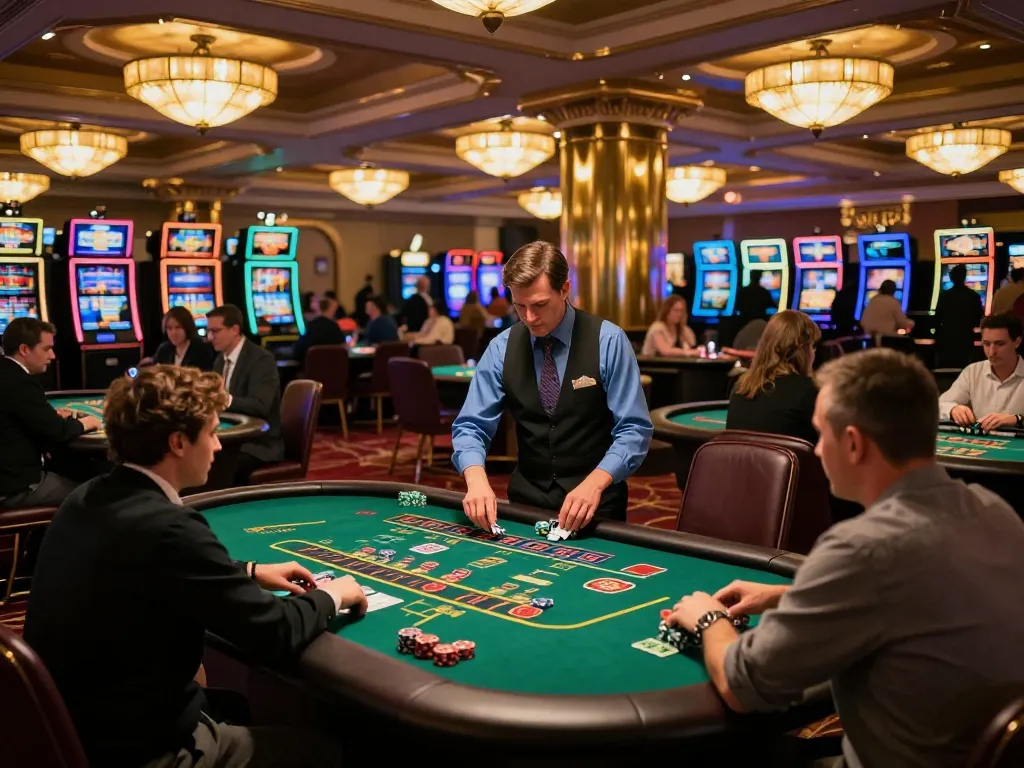 Players engaging in strategic gameplay at 27G casino tables under warm chandeliers.