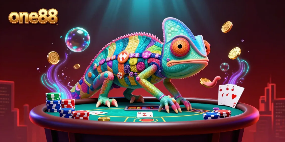 Experience vibrant gameplay at one88 with a dynamic chameleon casino owner amidst poker action.
