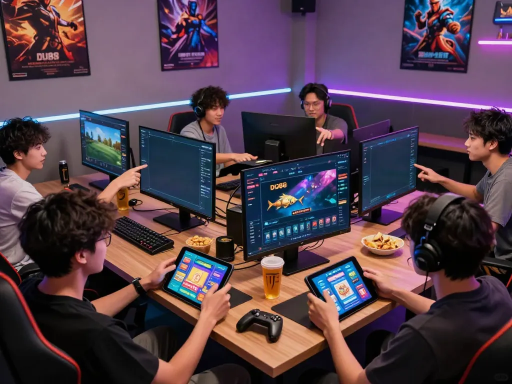 Players enjoying DU88 online gaming at a lively setup with screens displaying various games.