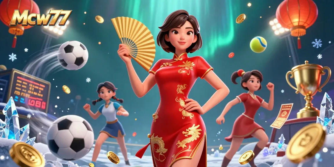 Experience the excitement of Mcw77 with a vibrant illustration featuring a confident woman celebrating casino wins amidst dynamic gaming elements.