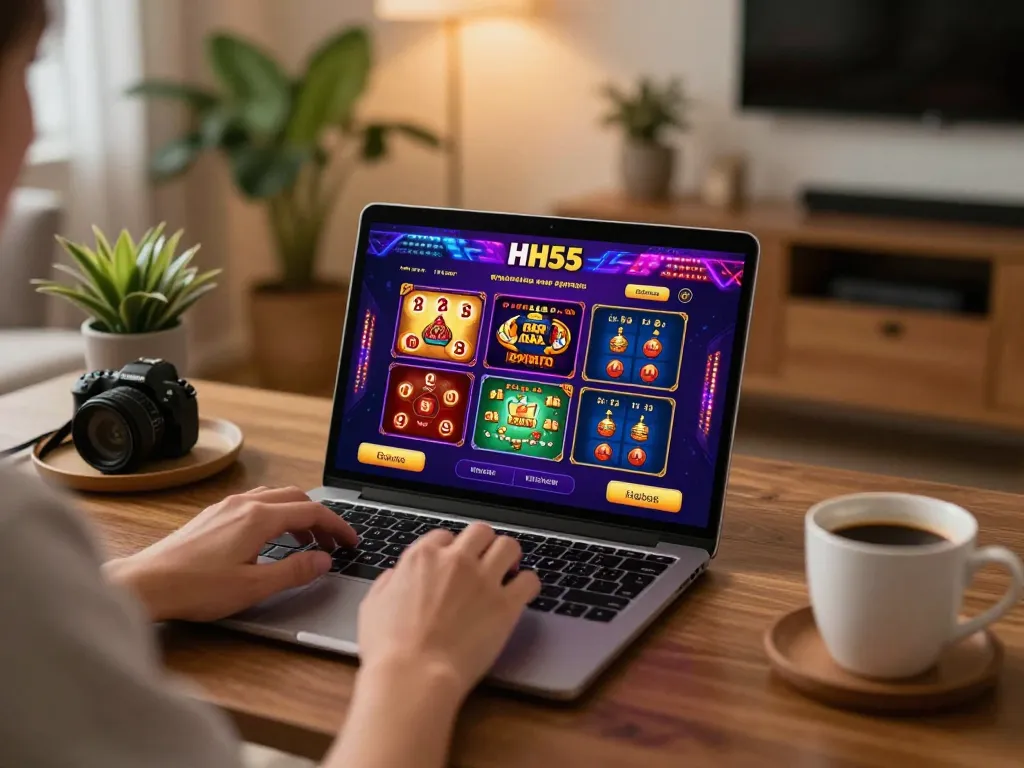 Jogador desfrutando de jogos de cassino na plataforma HH55, tela do laptop exibindo jogos cheios de ação.