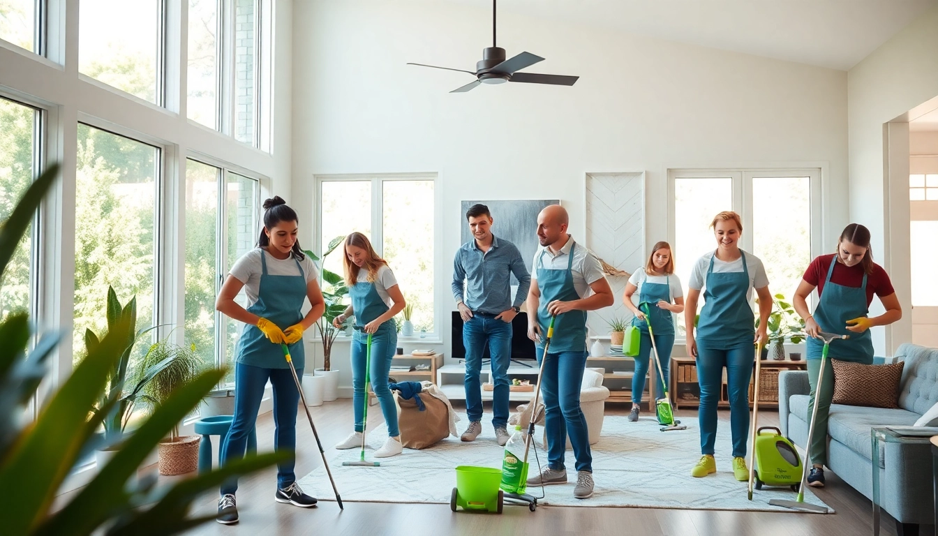 Cleaners performing house cleaning Atlanta services in a bright, modern living room.