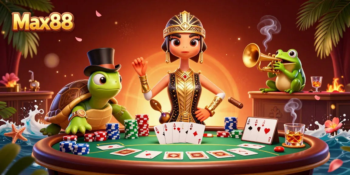 Experience Max88 with a vibrant 3D casino scene featuring animated characters and gaming elements.