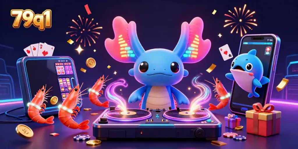 Experience the thrill of 79q1 with a vibrant axolotl DJ and lively casino-themed scene.