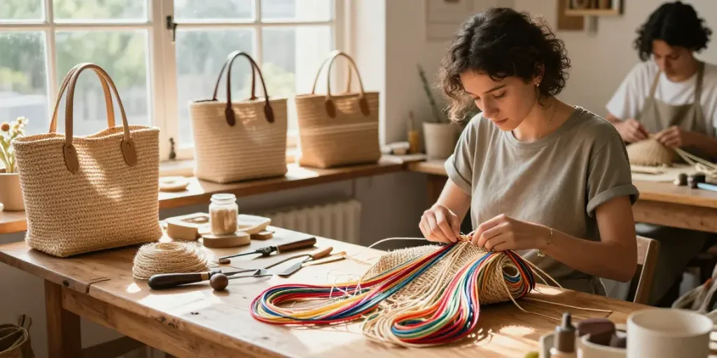 Artisans weaving raphia into stylish handbags in a warm workshop environment.