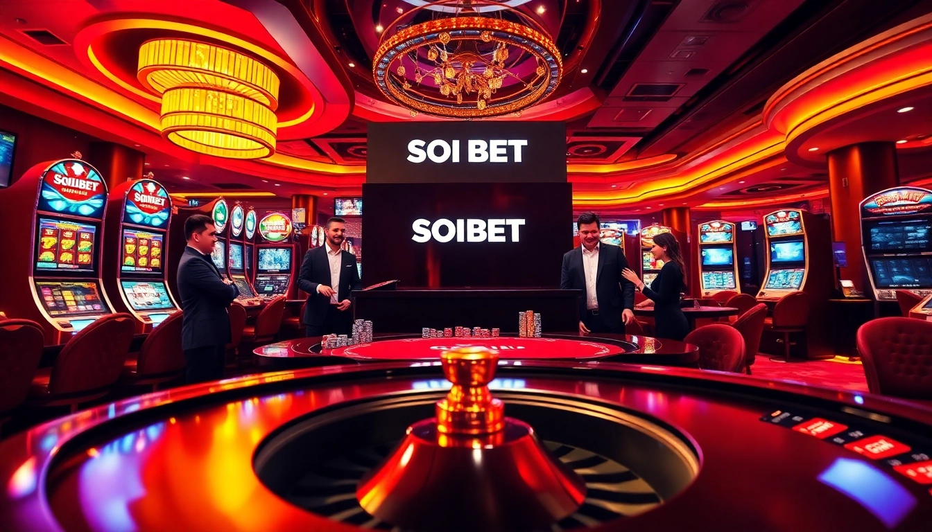 Players enjoying a thrilling gaming experience at the SOIBET casino with high-stakes poker and vibrant slot machines.