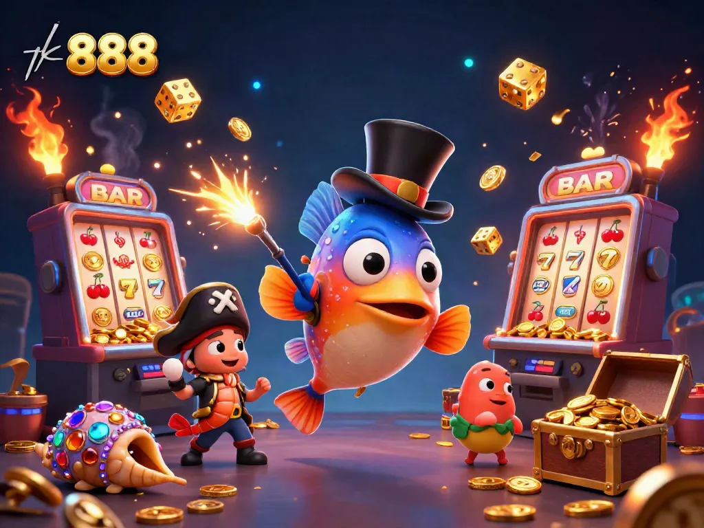 Experience thrilling wins with tk 888 in this vibrant casino illustration featuring interactive characters and game elements.