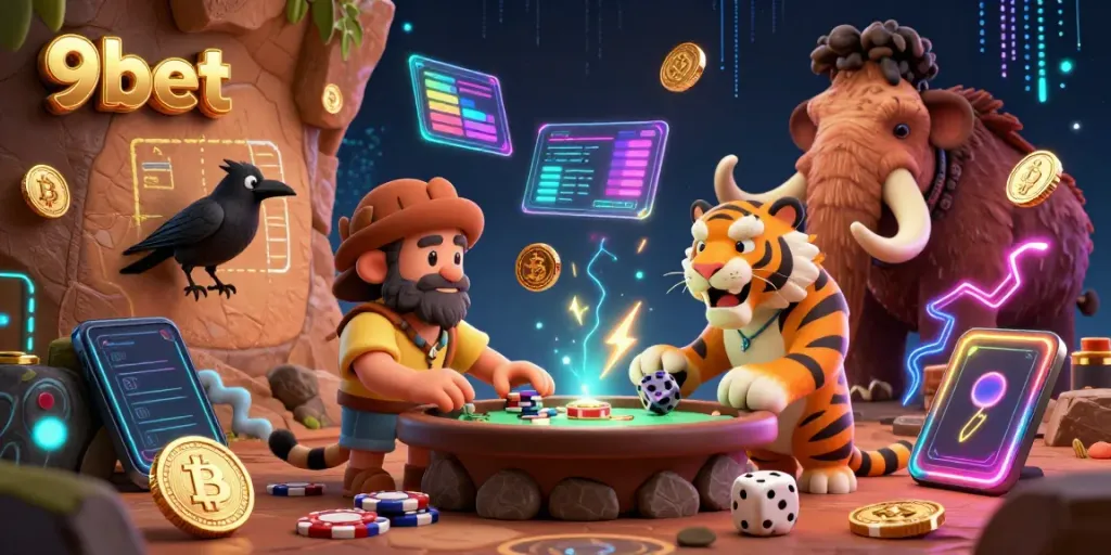 Experience 9bet's vibrant prehistoric casino where cartoon characters engage in exciting games with glowing crypto elements.