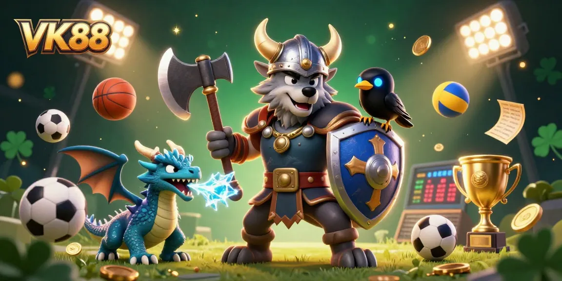 Experience thrilling moments with VK88, featuring a Viking wolf warrior, a fierce dragon, and dynamic sports betting elements.
