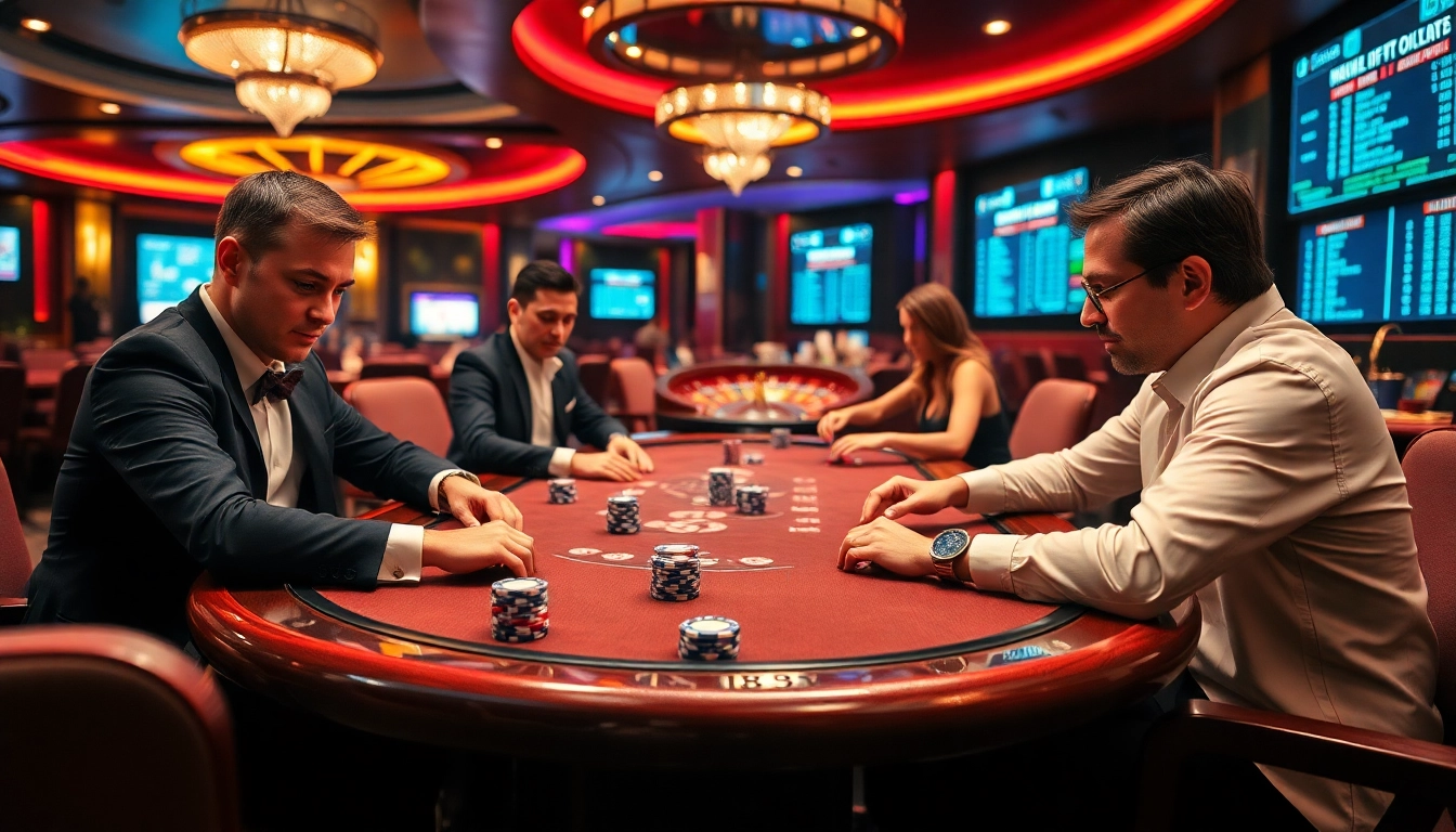 Engaged players at a luxurious poker table showcasing rikvip's high-stakes thrill and strategy.