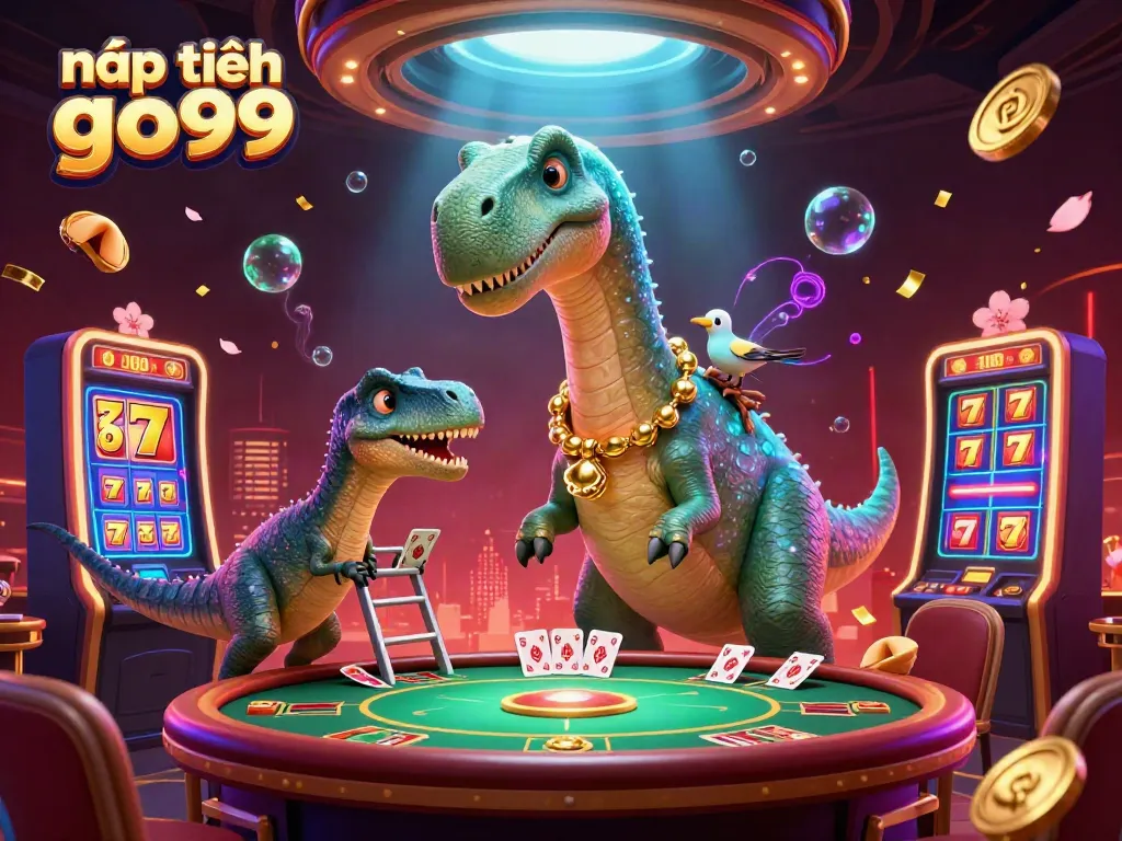 Experience the excitement of nạp tiền go99 with a towering brontosaurus overseeing a vibrant casino scene.