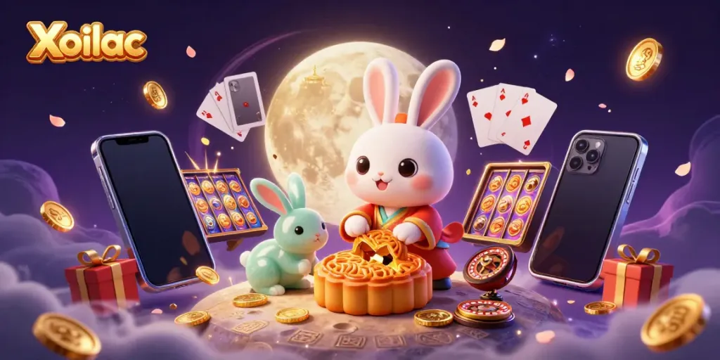 Xoilac combines the magic of the moon rabbit with exciting casino gaming elements like poker chips and slot games.