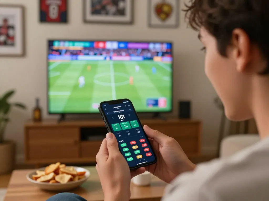 Person engaging with QQ88 mobile app while watching a live sports event, showing betting odds.