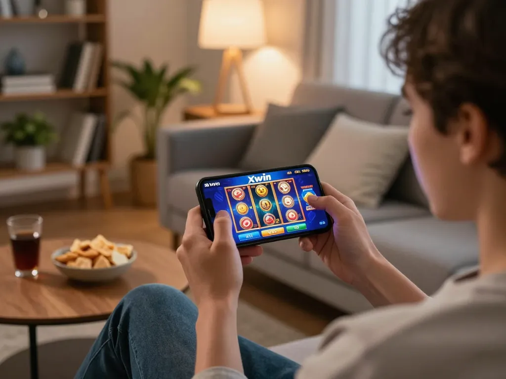 Xwin player enjoying vibrant online slot action on smartphone in cozy living room.