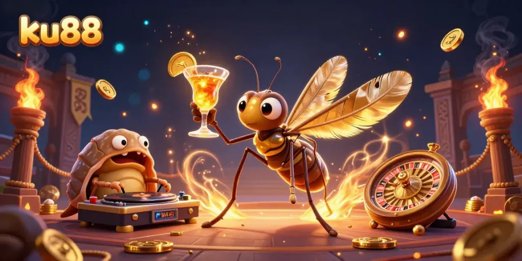 Experience the vibrant casino world of ku88 with cartoon characters in a dynamic 3D scene featuring gambling elements.