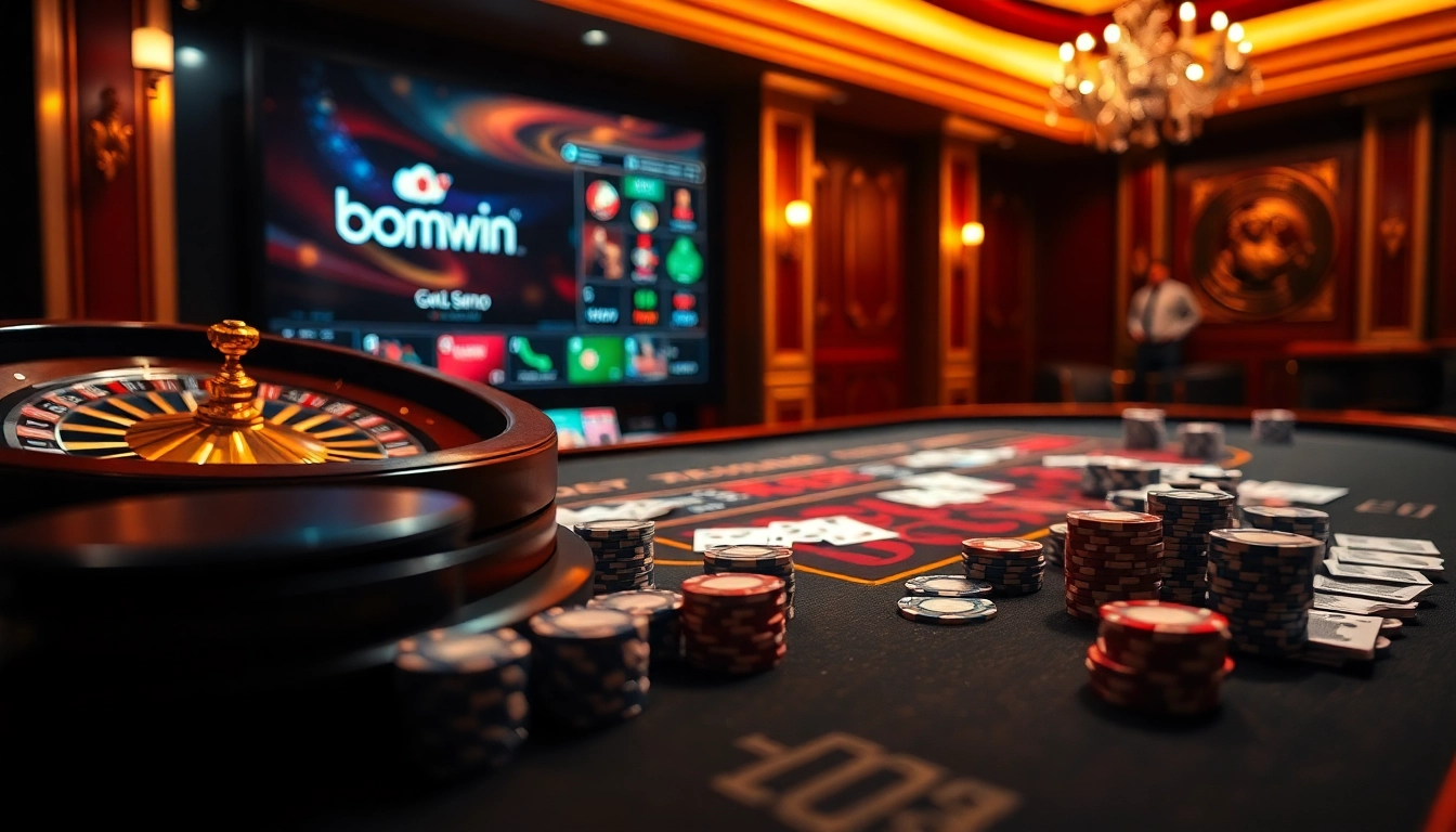 Experience thrilling gameplay at bomwin casino with vibrant poker chips and roulette wheels.