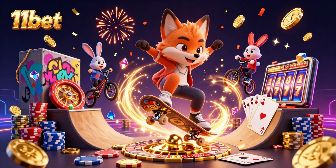 11bet's engaging scene of a fox and rabbit celebrating casino wins with glimmering symbols.