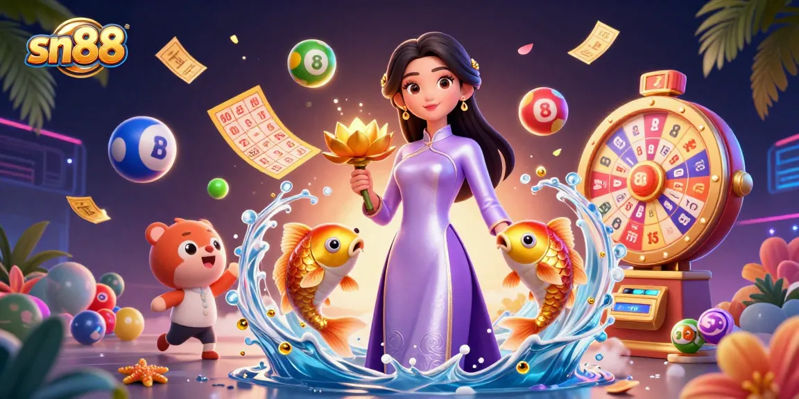 Experience exciting gaming at sn88 with a vibrant scene of a lady amidst dancing lottery balls and jackpot symbols.