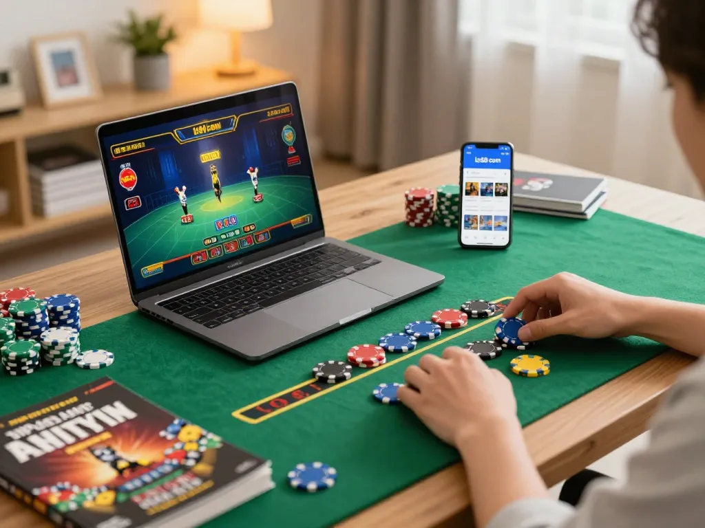 Engaging with live dealer games on lc88 com, vibrant online gaming setup with chips and strategy guides.