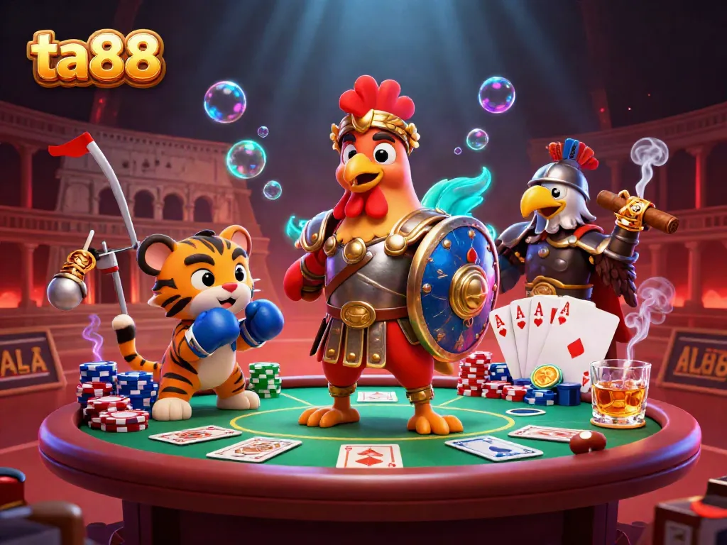 Experience thrilling gameplay with ta88 — a dynamic 3D illustration featuring a gladiator rooster, poker elements, and vibrant casino atmosphere.