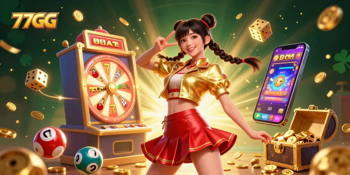 Win big with 77GG in this vibrant casino scene filled with colorful games and lucky symbols!