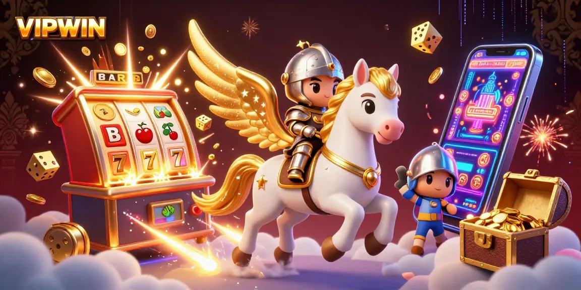 Experience VIPWIN with a celestial horse and knight amid a vibrant casino scene.