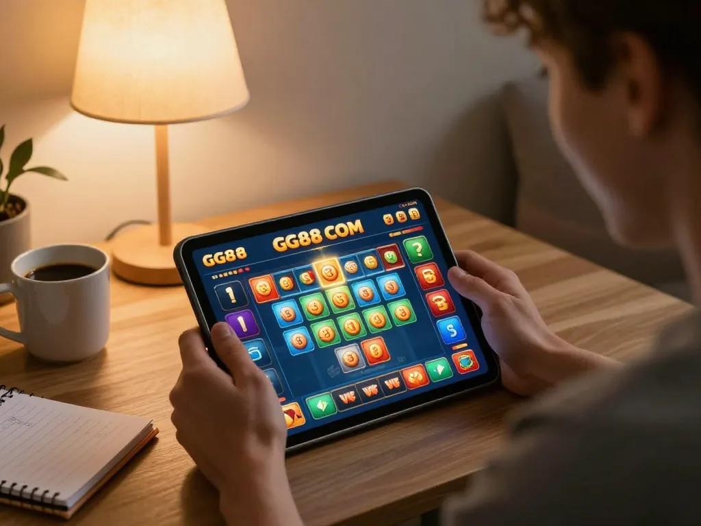 Playing GG88 COM app on a tablet in cozy home, showcasing casino gaming experience
