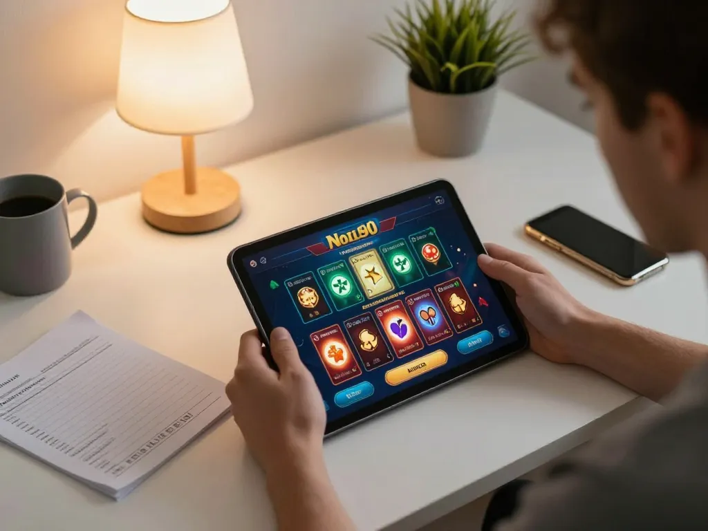 Nohu90 player enjoys exciting online gaming experience, analyzing strategies on tablet at home