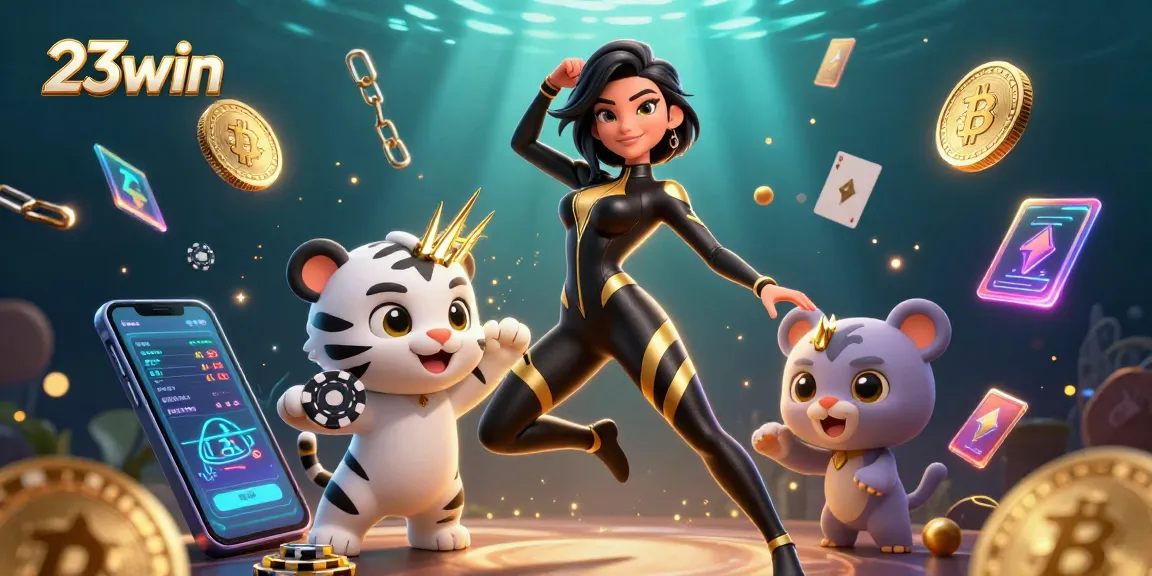 Experience the thrill of gaming with 23win's vibrant 3D casino illustration featuring dynamic characters and crypto elements.