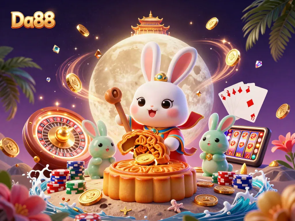 Experience Da88 with this dynamic illustration featuring a moon rabbit gambling on poker and slots.