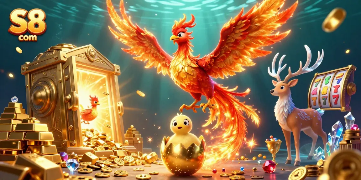 S8 com showcases an exhilarating scene with phoenixes, treasure, and slot elements for an immersive gaming experience.