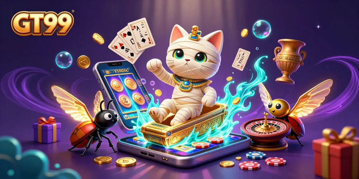 Spin to win at GT99 with an Egyptian mummy cat and vibrant casino elements