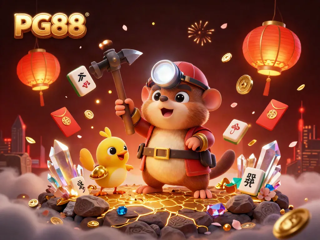 Engage in thrilling games at PG88 with a vibrant illustration featuring a treasure hunter mole and lucky elements.