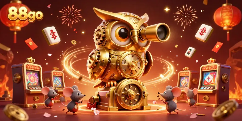 Experience the excitement of 88go with a clockwork owl surveying a vibrant casino scene.