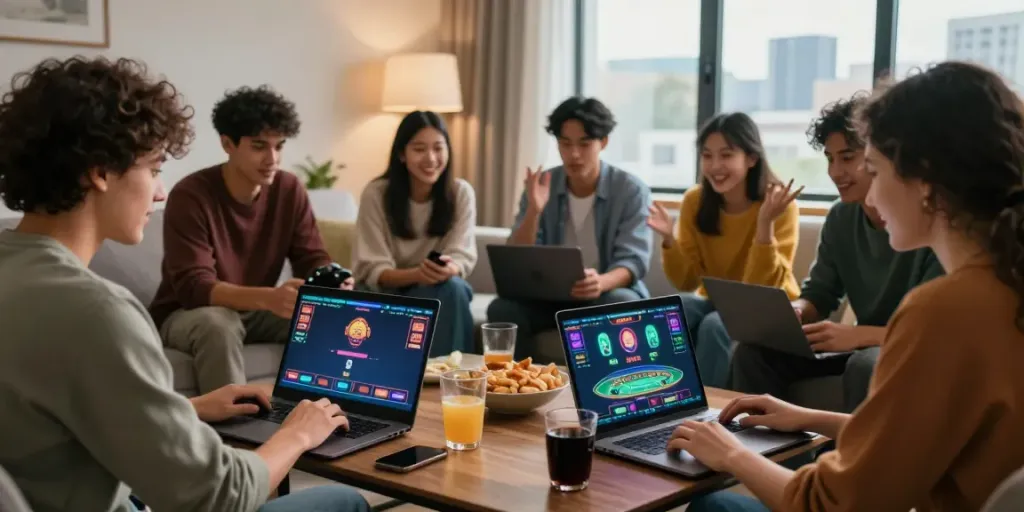 Friends enjoying an exciting online gaming experience on the NBET platform in a cozy living room.