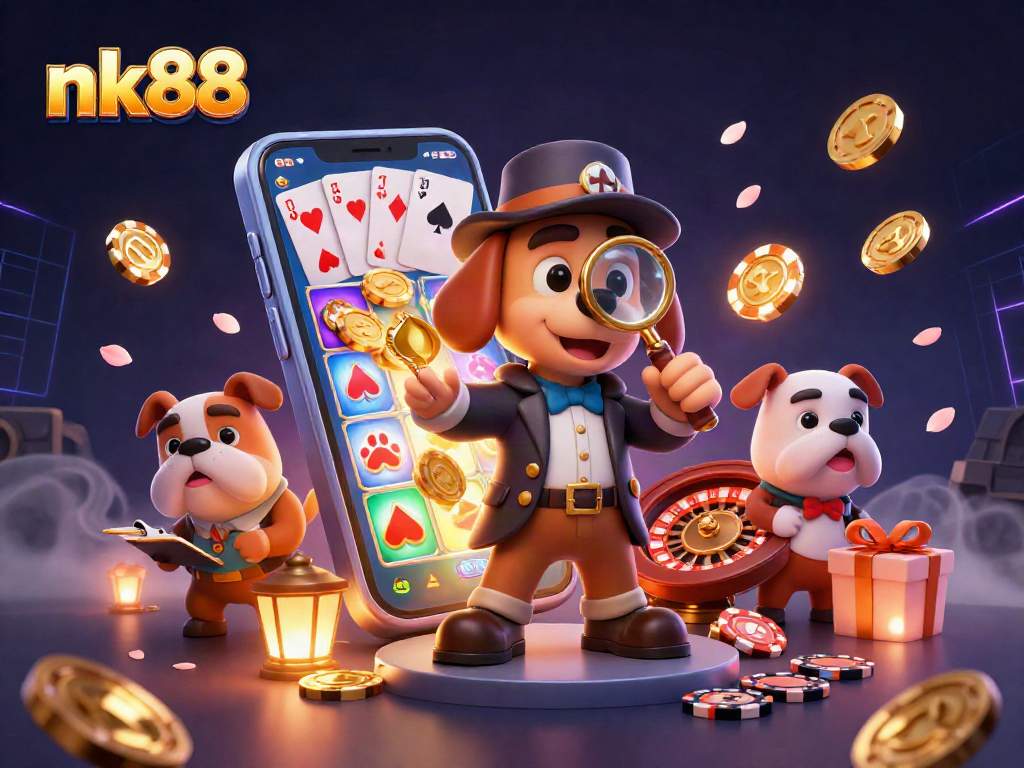 Engage in exciting nk88 casino adventures with the detective duo uncovering treasure clues amidst vibrant slot game action.