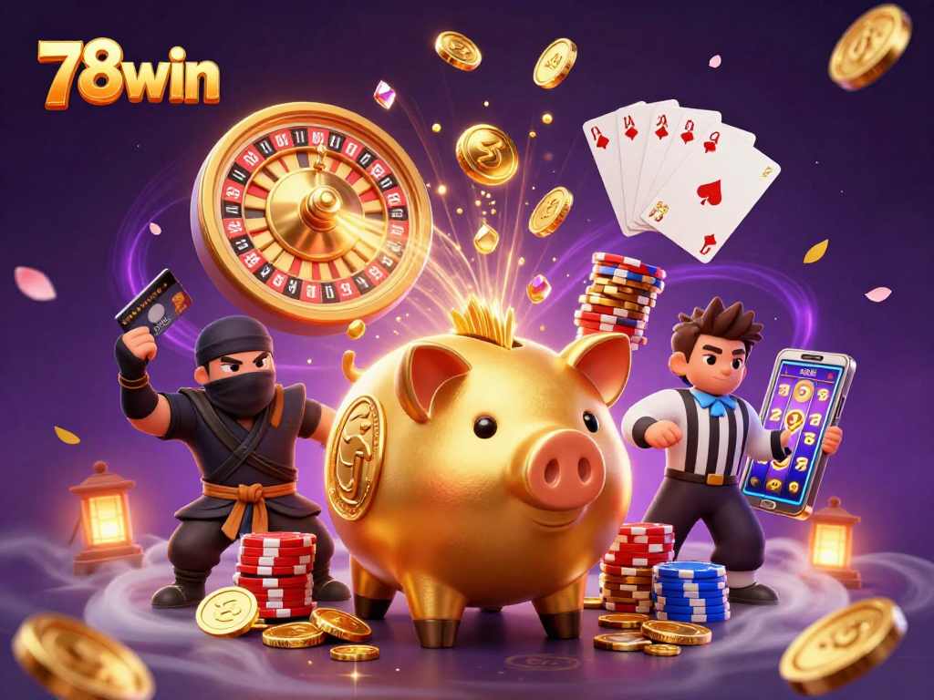 Experience thrilling gameplay with 78win, featuring dynamic casino action, golden piggy bank, and a vibrant atmosphere.