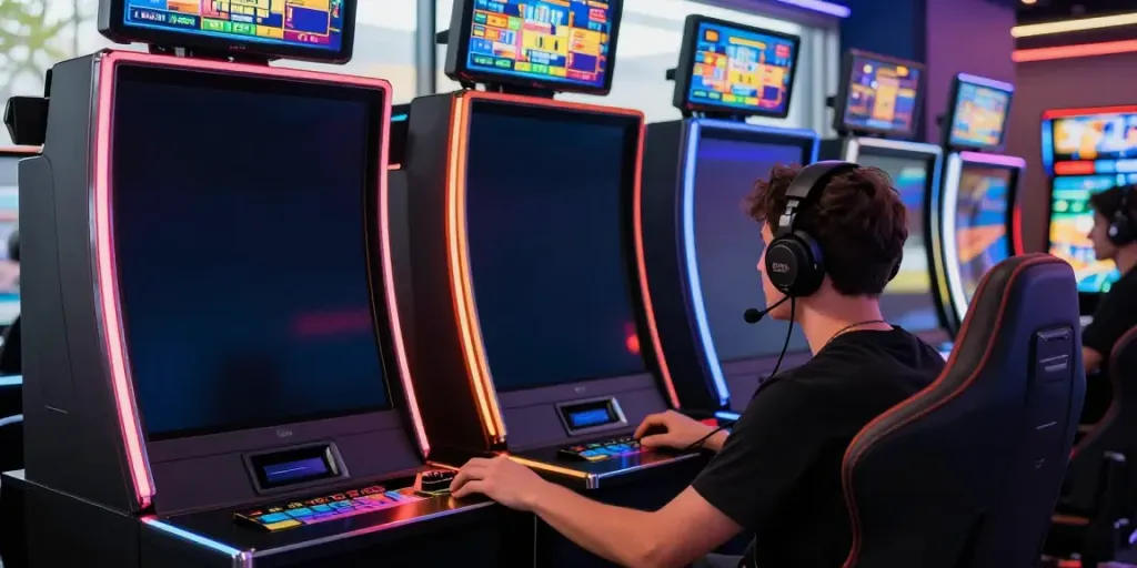 Jogador se divertindo com jogo de Slots em uma máquina moderna.