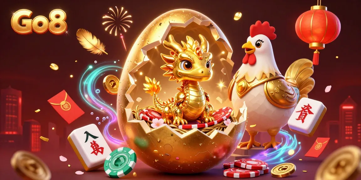 Engage with Go8's thrilling online casino experience featuring a gold dragon amidst shimmering poker chips.