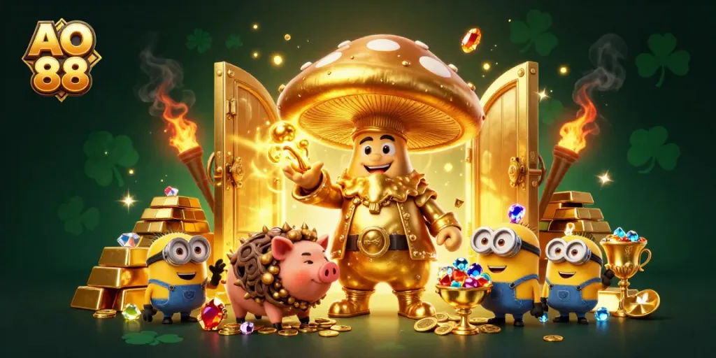 Experience the magic of AO 88 with vibrant 3D characters, gold treasures, and casino excitement.