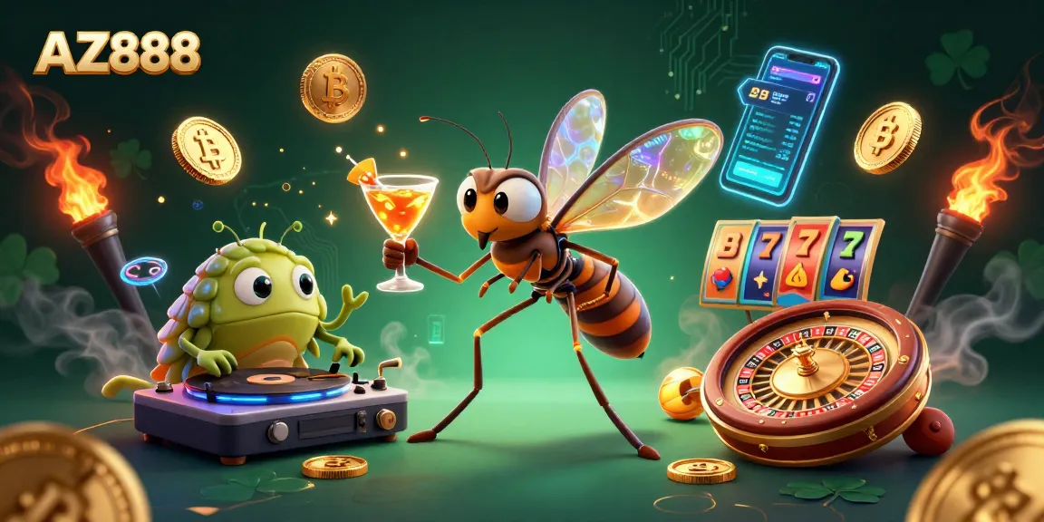 AZ888 showcases a lively casino scene with a mosquito mascot, trilobite DJ, and roulette while spinning coins.