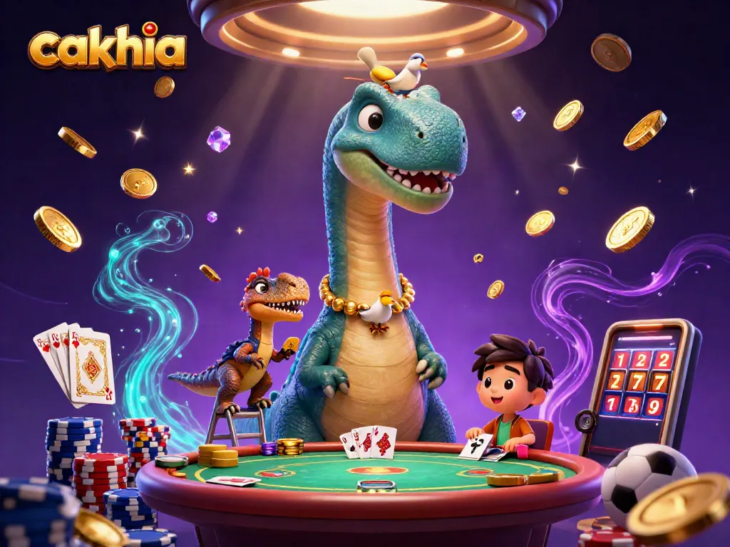 Experience the thrill of cakhia with a vibrant casino scene featuring dinosaurs and sports betting action.