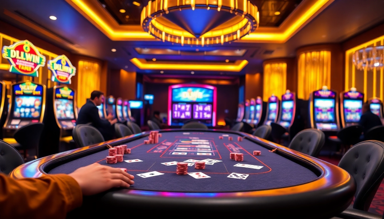Players enjoy table games at DW8, surrounded by vibrant casino visuals and dynamic betting options.