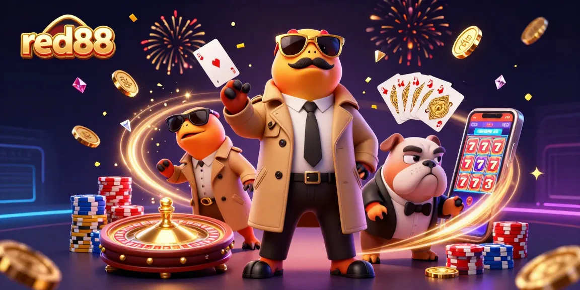 Enjoy exciting games at red88 with the lively raptors entering a casino backdrop filled with coins and jewels.