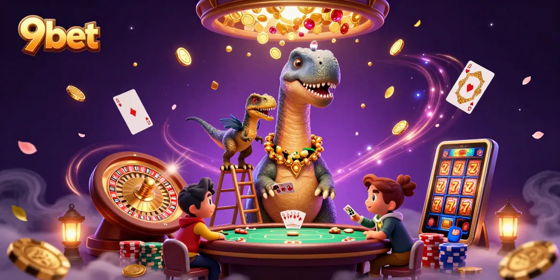 Experience thrilling casino action with 9bet, featuring a brontosaurus and raptor dealer in an exciting scene.